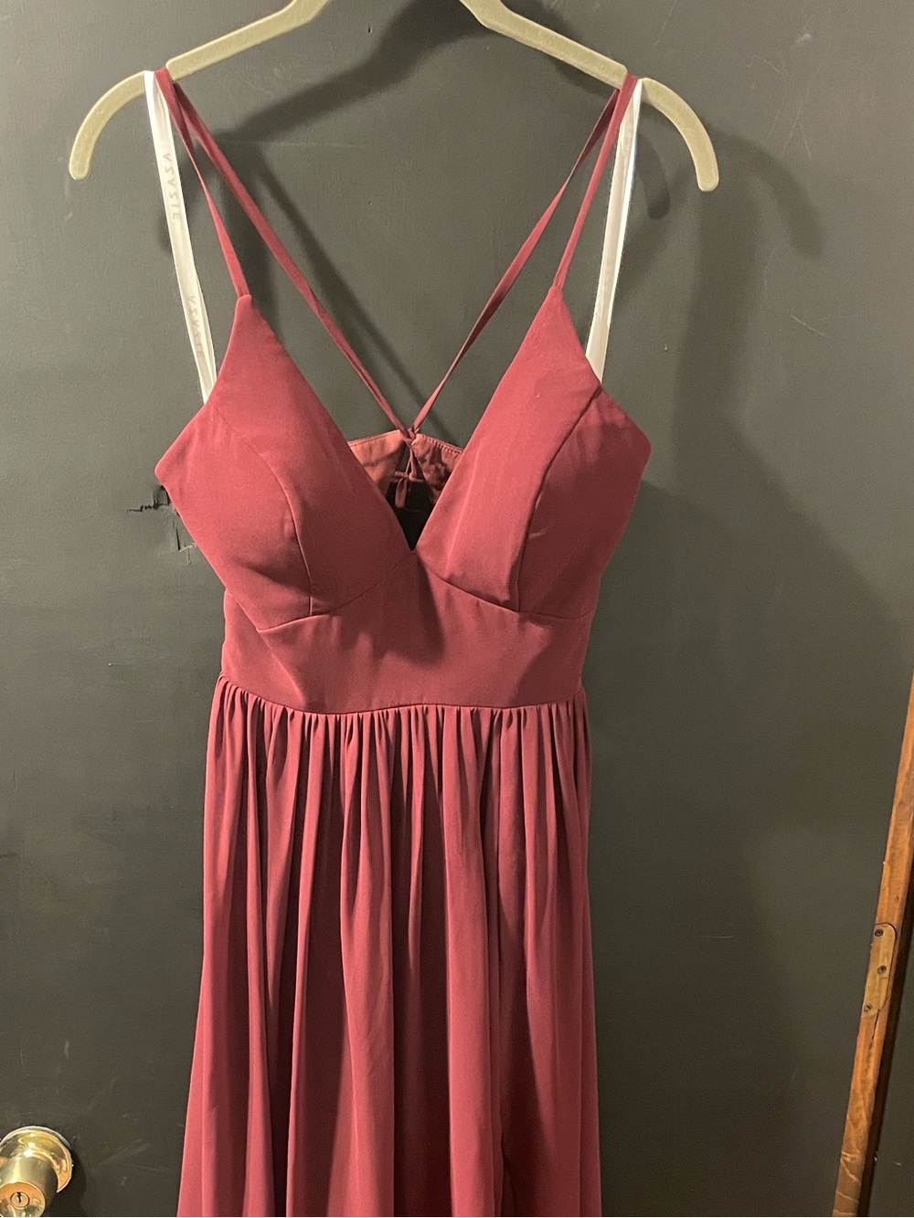 Azazie Burgundy V-Neck Spaghetti Strap Maxi Dress